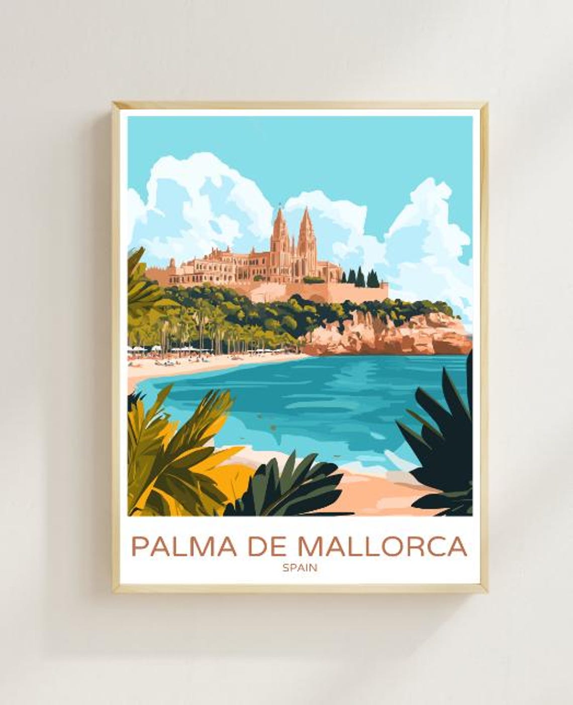 Palma de Mallorca Spain Travel Poster Cathedral Beach Cove View Decor