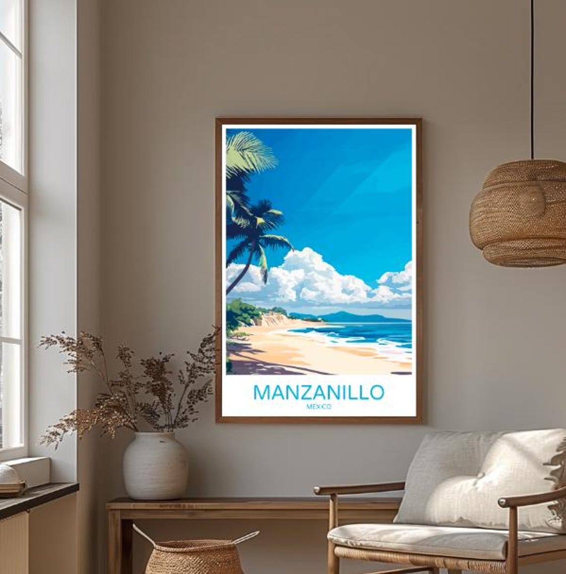 Manzanillo Mexico Tropical Palm Beach Seascape Travel Poster - Image 3