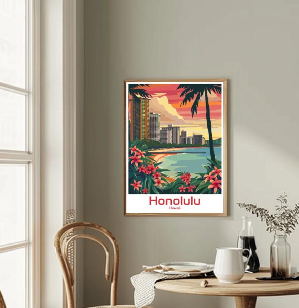 Honolulu Hawaii Waikiki Beach Skyline Palms Flowers Tropical Poster - Image 2