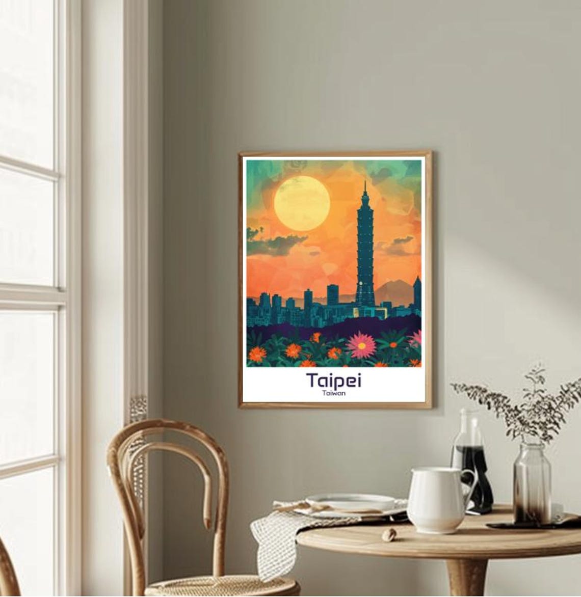 Taipei 101 Sunset Skyline Blooming Flowers Taiwan Travel Poster - Image 2