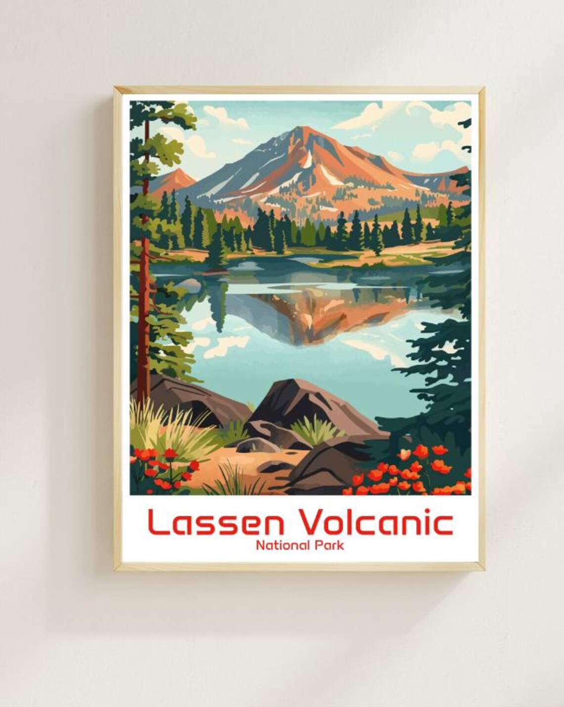 Lassen Volcanic National Park Lake Reflection Illustration Poster