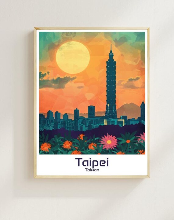 Taipei 101 Sunset Skyline Blooming Flowers Taiwan Travel Poster