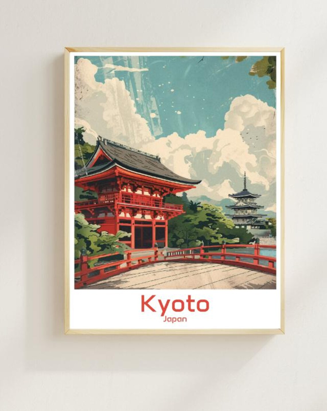 Kyoto Japan Red Temple Pagoda Cherry Blossom Travel Art Poster