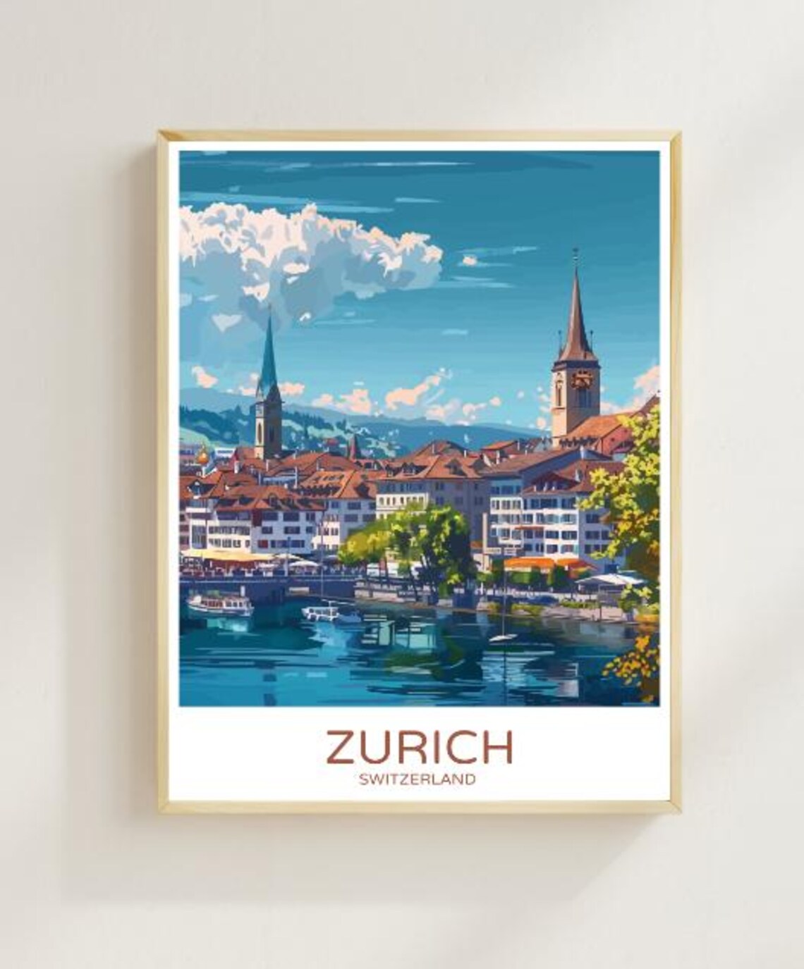 Zurich Switzerland Old Town River Skyline Vintage Travel Poster