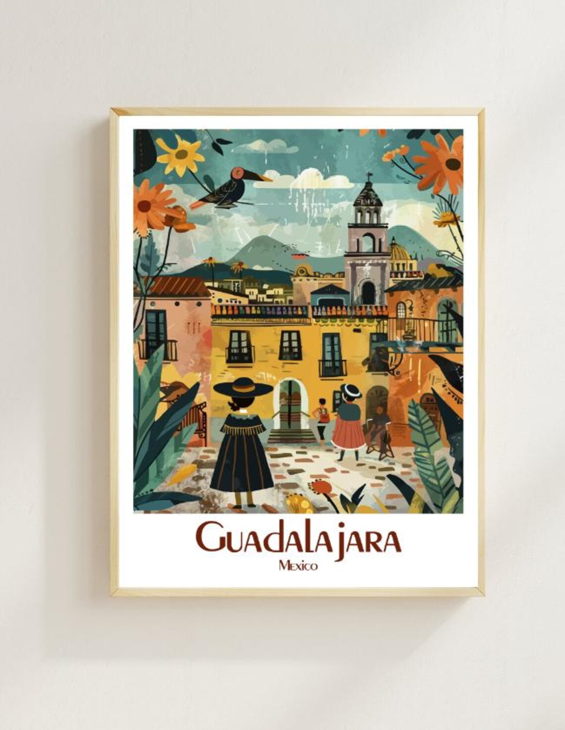 Guadalajara Mexico Colorful Colonial Street Folk Art Travel Poster