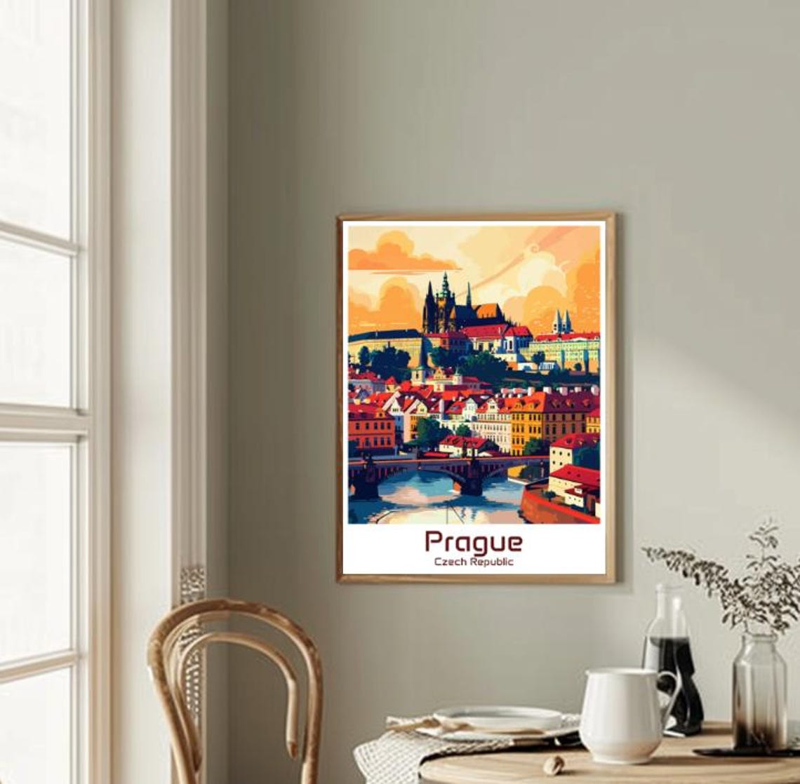 Prague Czech Republic Castle Bridge Sunset Vintage Illustrated Poster - Image 2