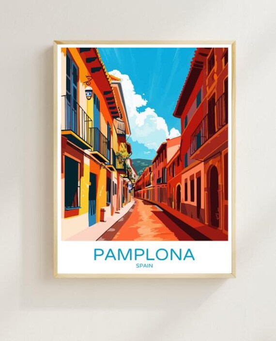 Pamplona Spain Travel Poster Terracotta Old Town Street View Decor