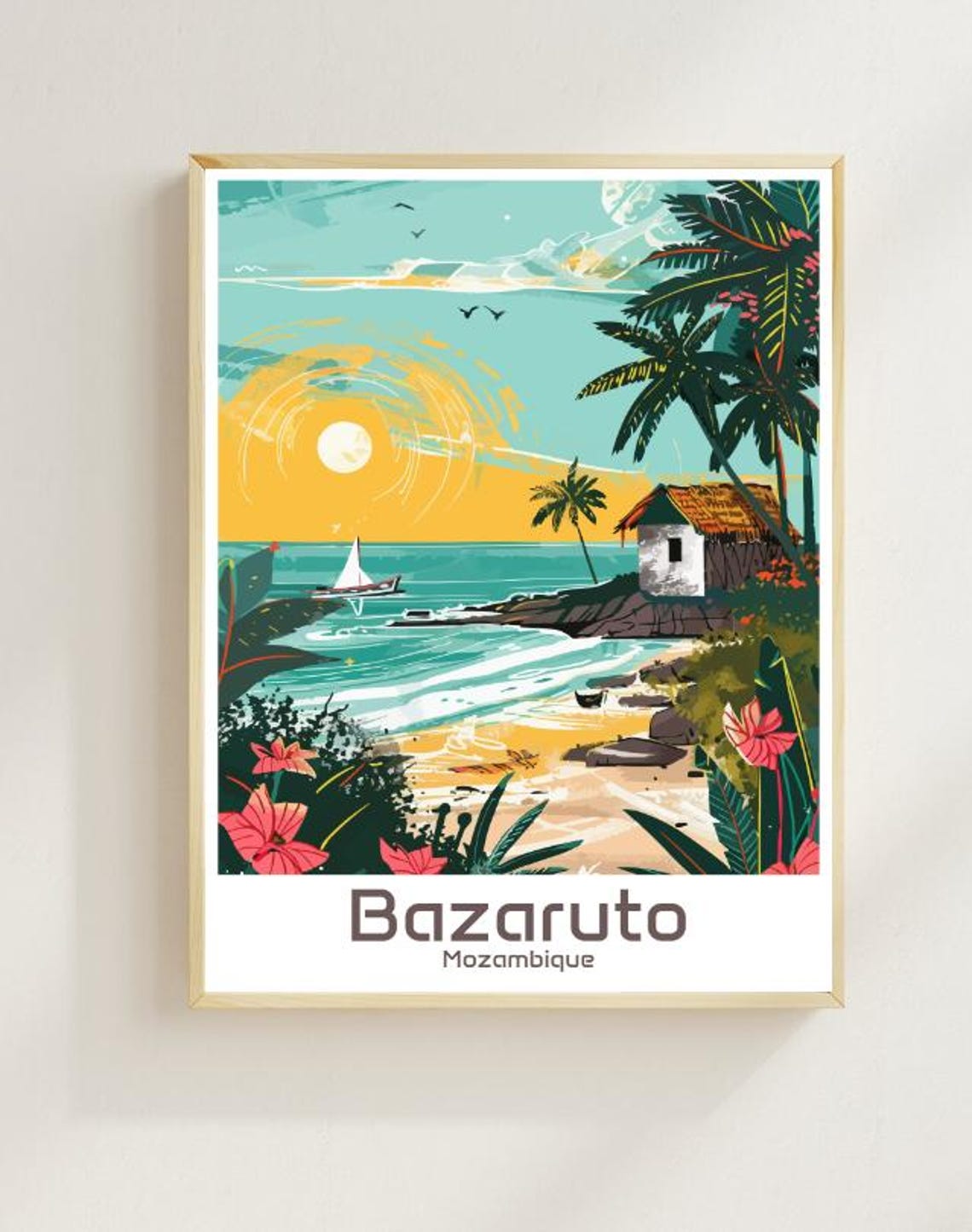 Bazaruto Mozambique Beach Sunset Palm Illustration Travel Poster