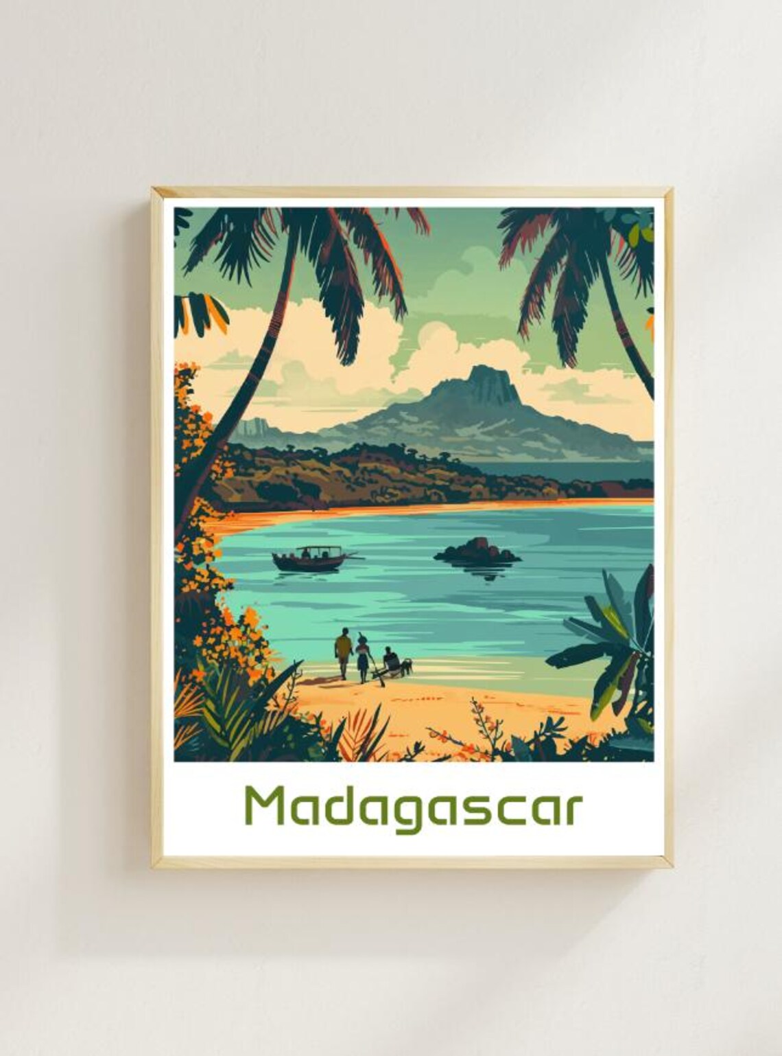 Madagascar Beach Fishing Boat Mountain Bay Africa Travel Poster
