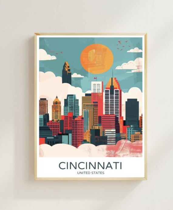 Cincinnati United States Colorful Downtown Skyline Retro Travel Poster
