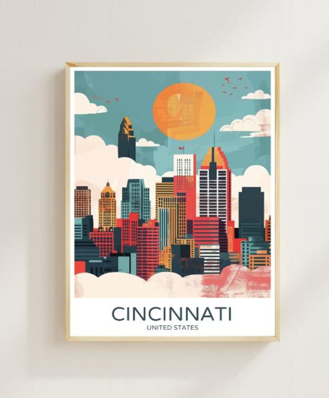 Cincinnati United States Colorful Downtown Skyline Retro Travel Poster
