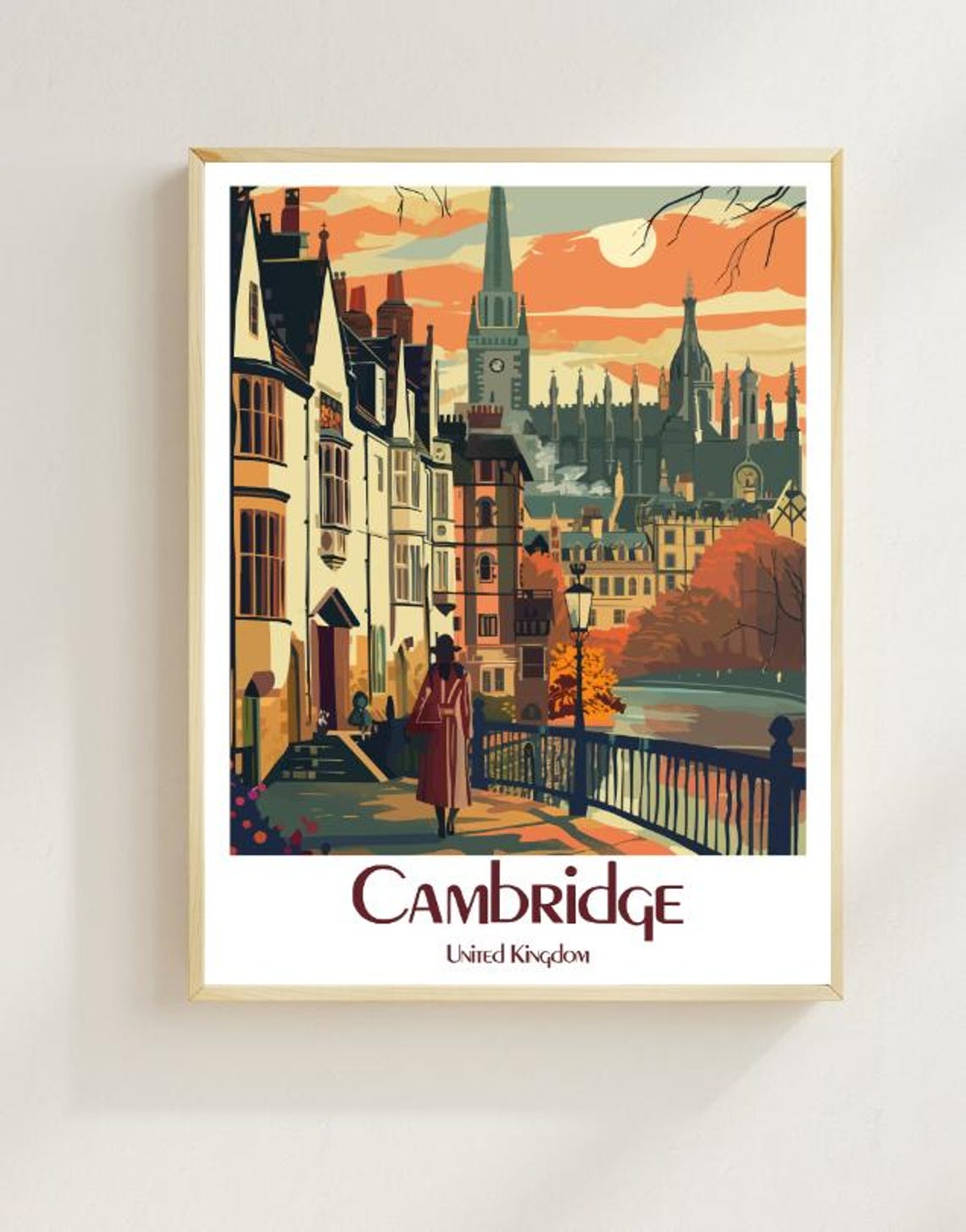 Cambridge University Riverside Vintage Travel Poster England Style