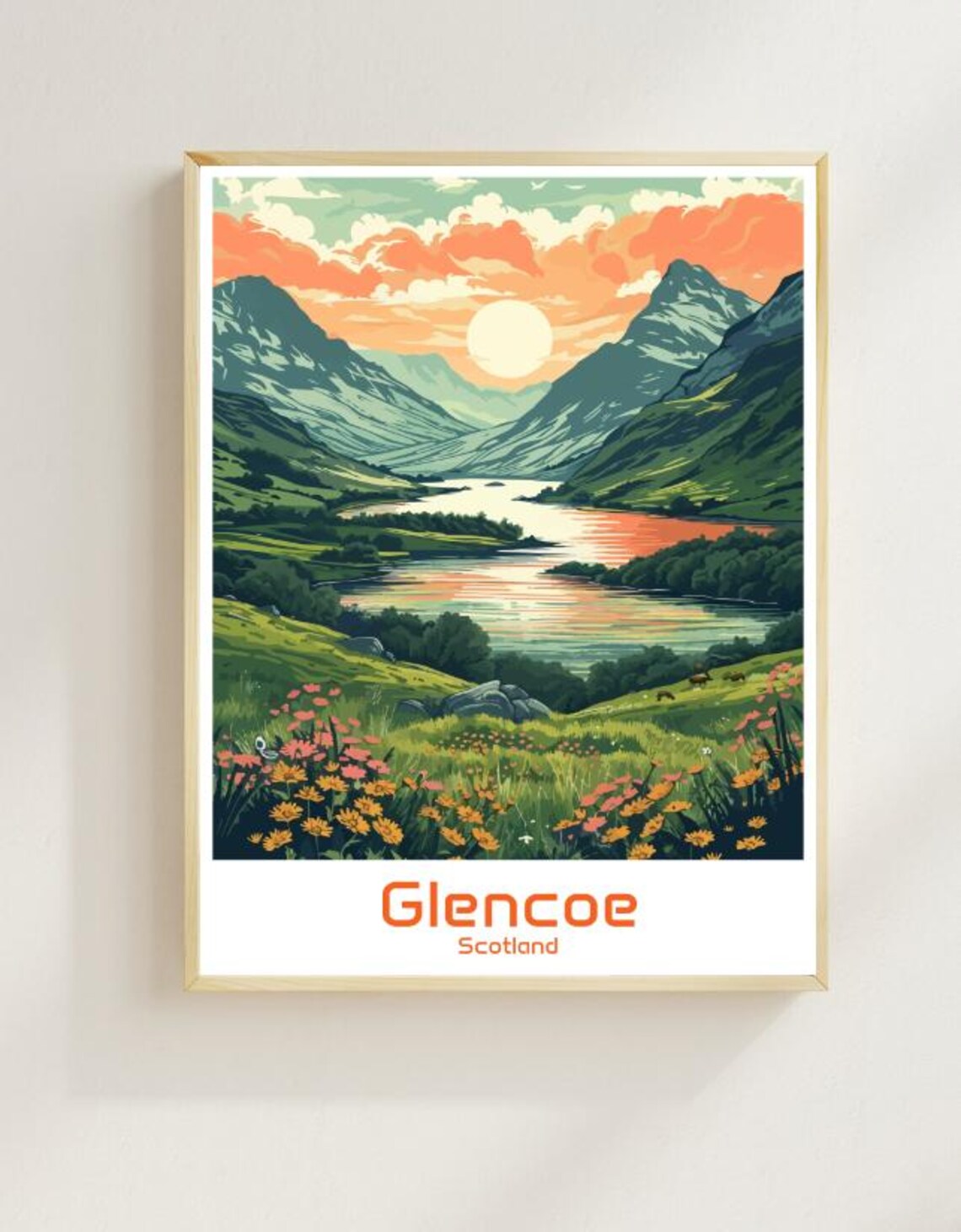 Glencoe Scotland Valley Sunset Wildflowers Vintage Travel Poster