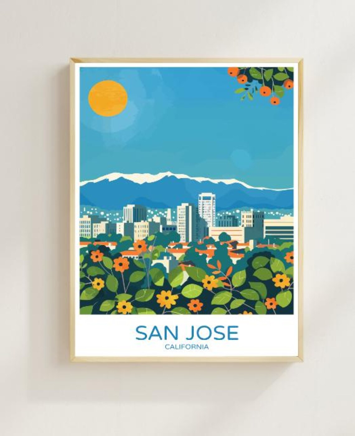 San Jose California Travel Poster Sunny Downtown Skyline Floral Art