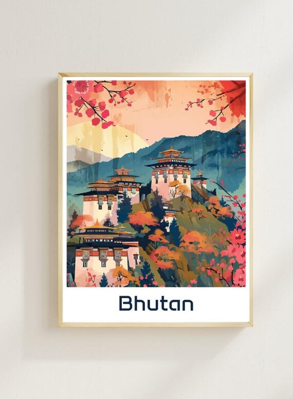 Bhutan Himalayan Dzong Fortresses among Red Flowers and Mountains Poster