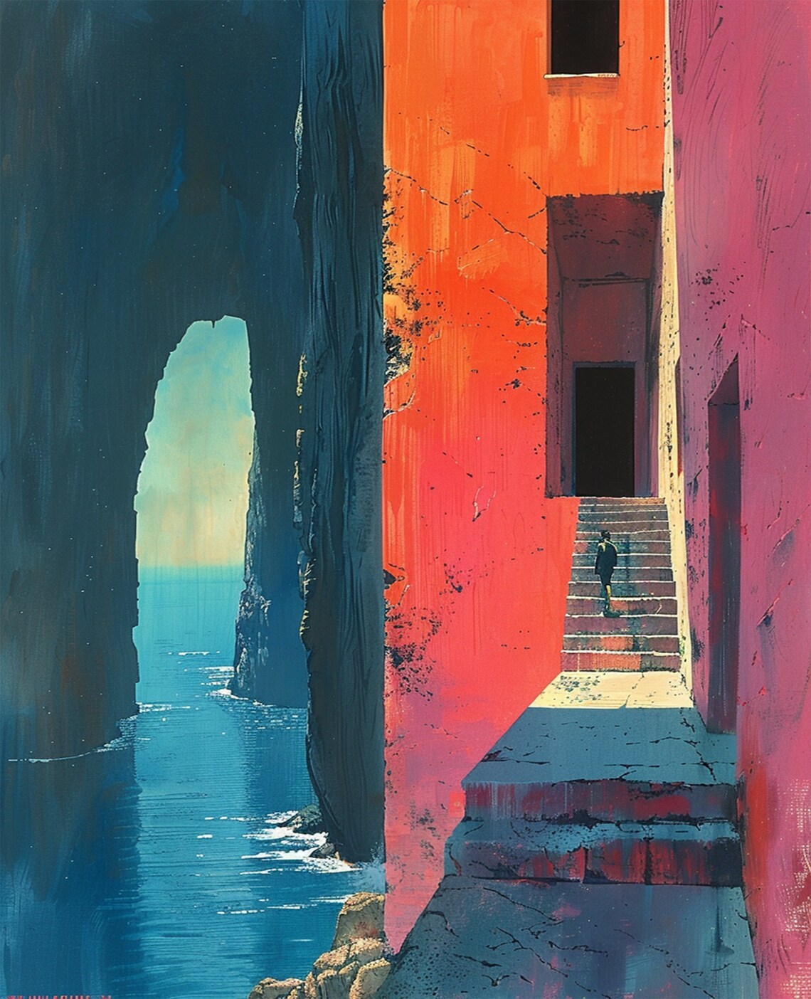 Coastal Cave Arch Stairway Bold Orange Wall Seascape Art Poster