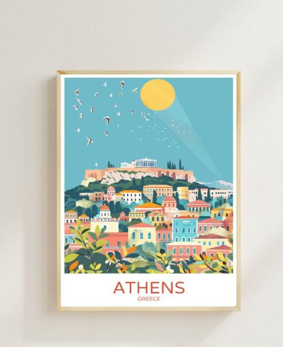 Athens Greece Travel Poster Acropolis Parthenon Sunny Cityscape Art