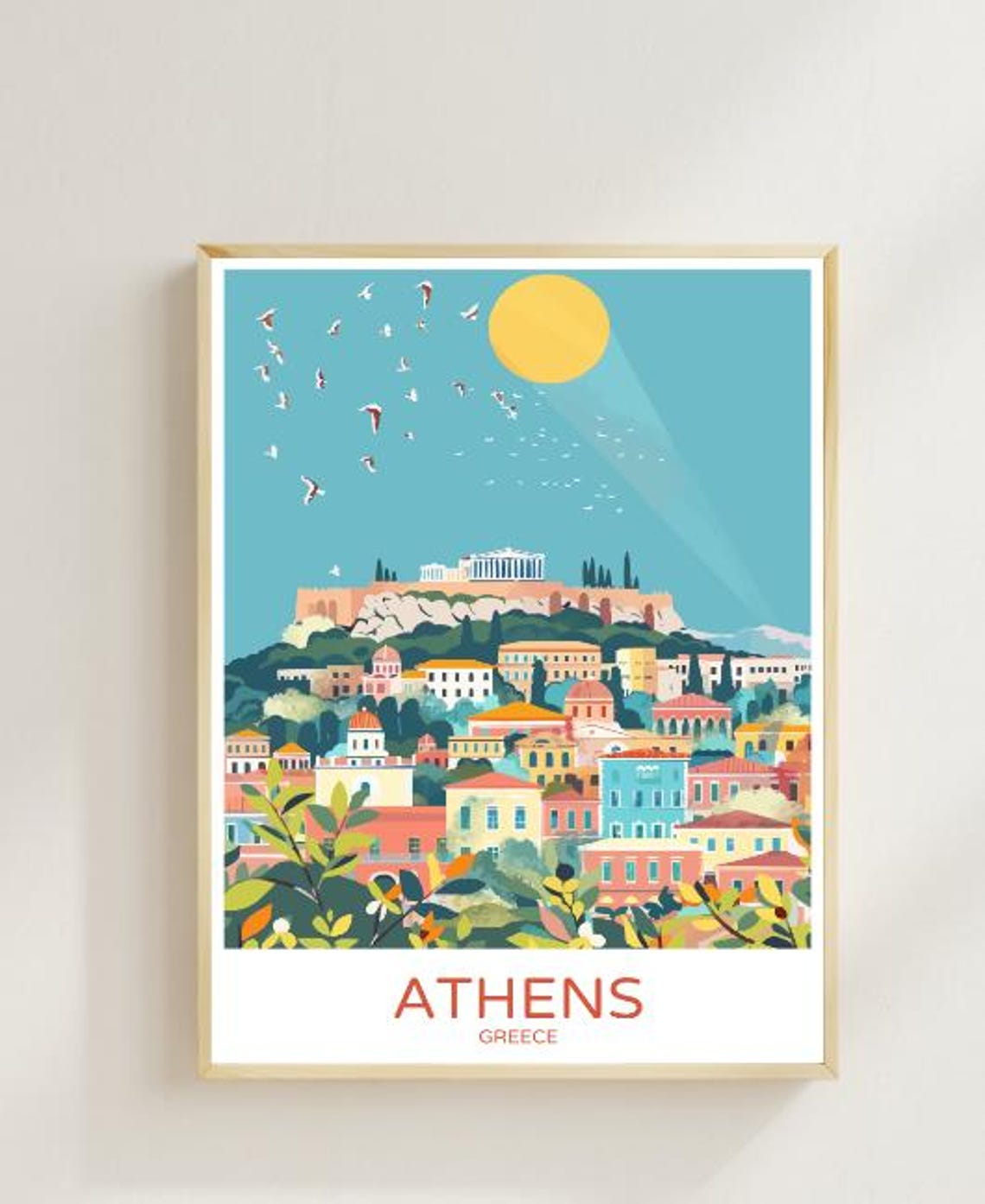 Athens Greece Travel Poster Acropolis Parthenon Sunny Cityscape Art