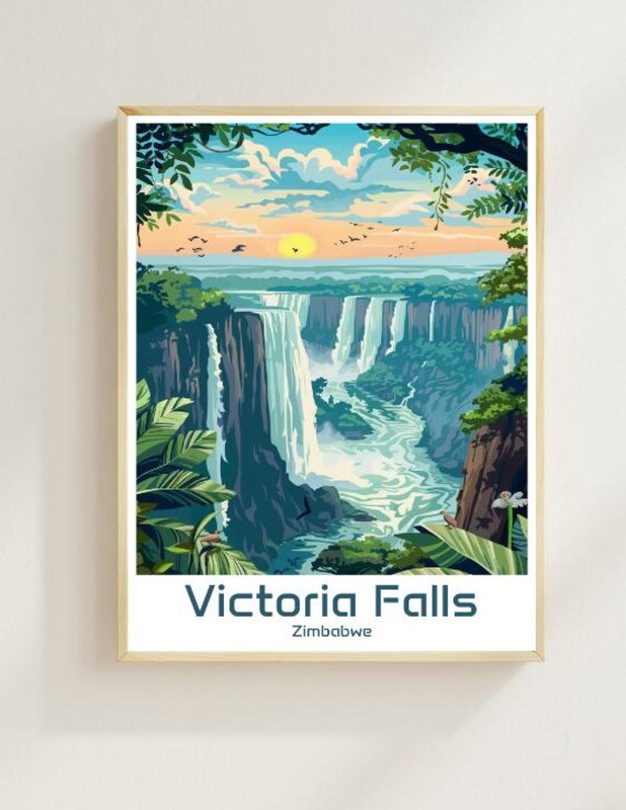 Victoria Falls Zimbabwe Travel Poster Waterfall Landscape Wall Art Nature Print