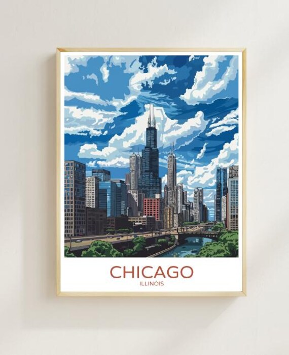 Chicago Illinois Skyline Poster Willis Tower Cityscape Vintage Travel Decor