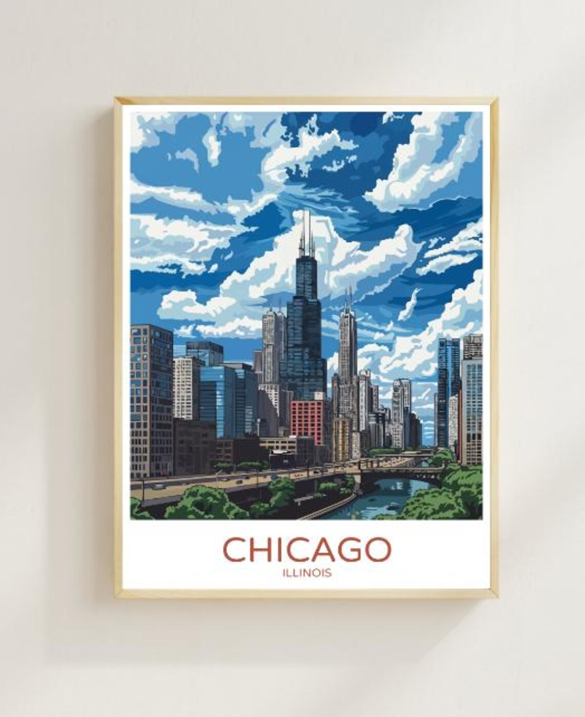 Chicago Illinois Skyline Poster Willis Tower Cityscape Vintage Travel Decor