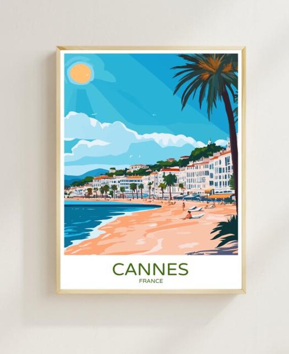 Cannes France Travel Poster Beach Promenade Palm Riviera View Decor