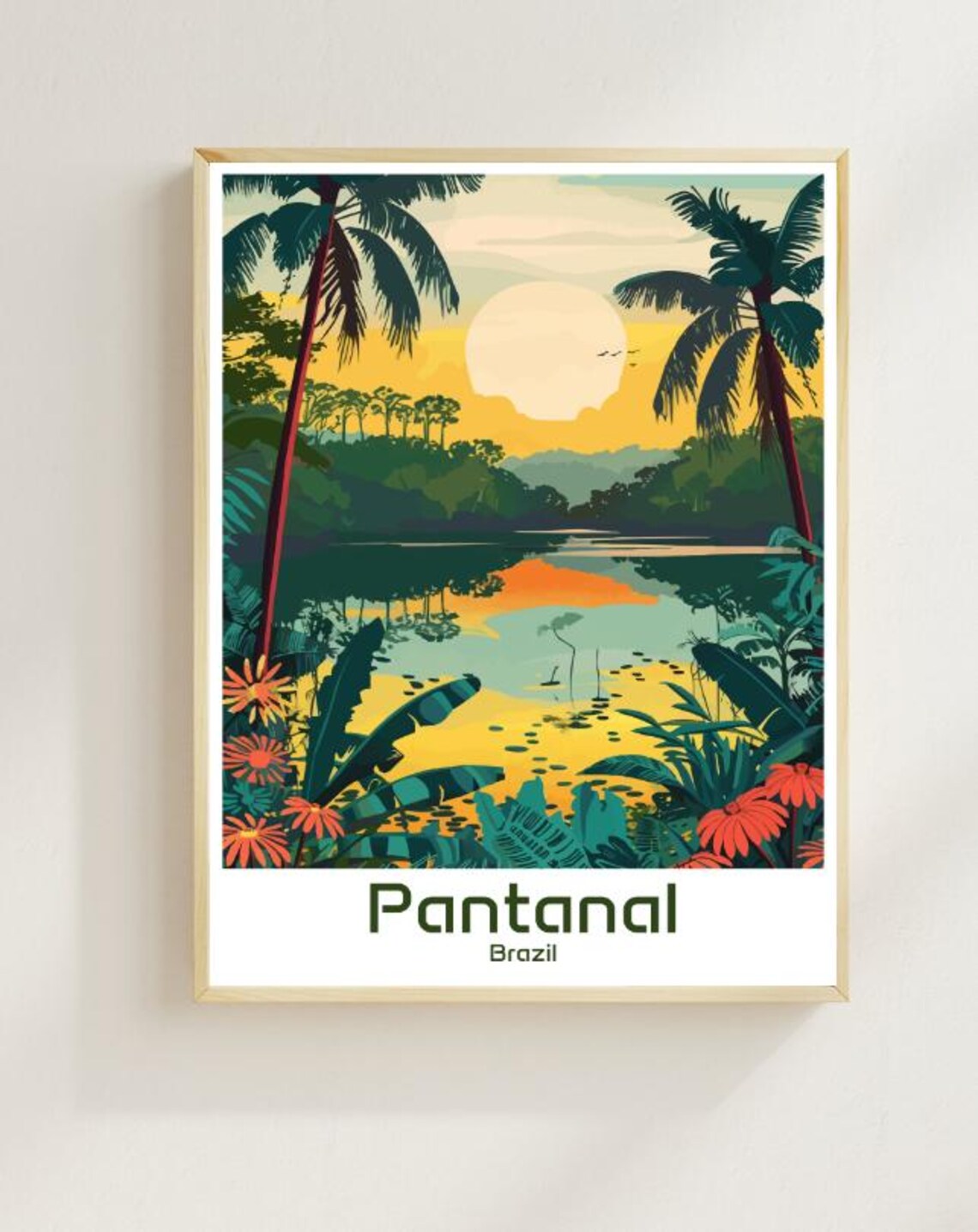Pantanal Brazil Sunset Lagoon Palm Trees Illustration Travel Poster