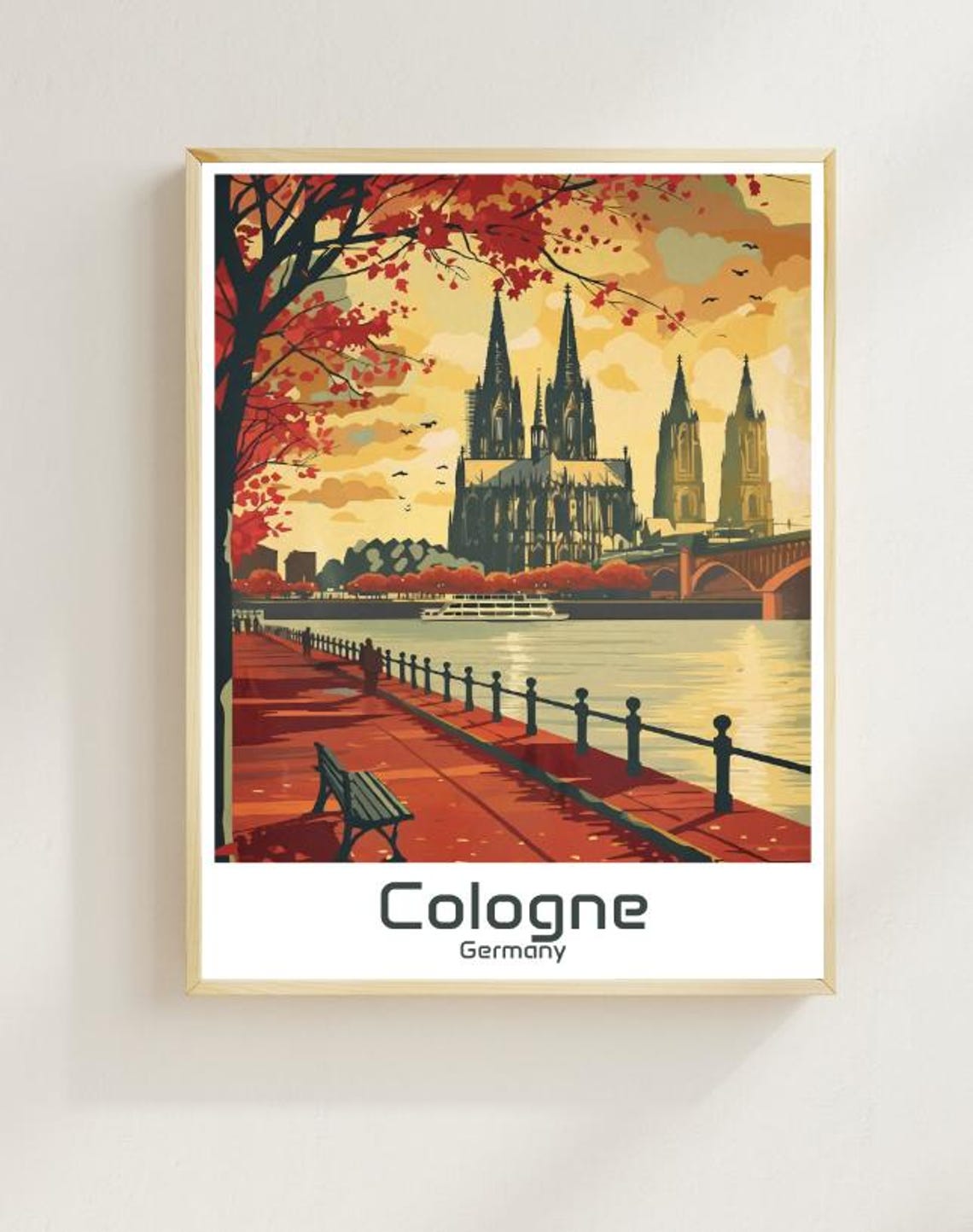 Cologne Germany Cathedral Rhine Autumn Illustration Travel Poster