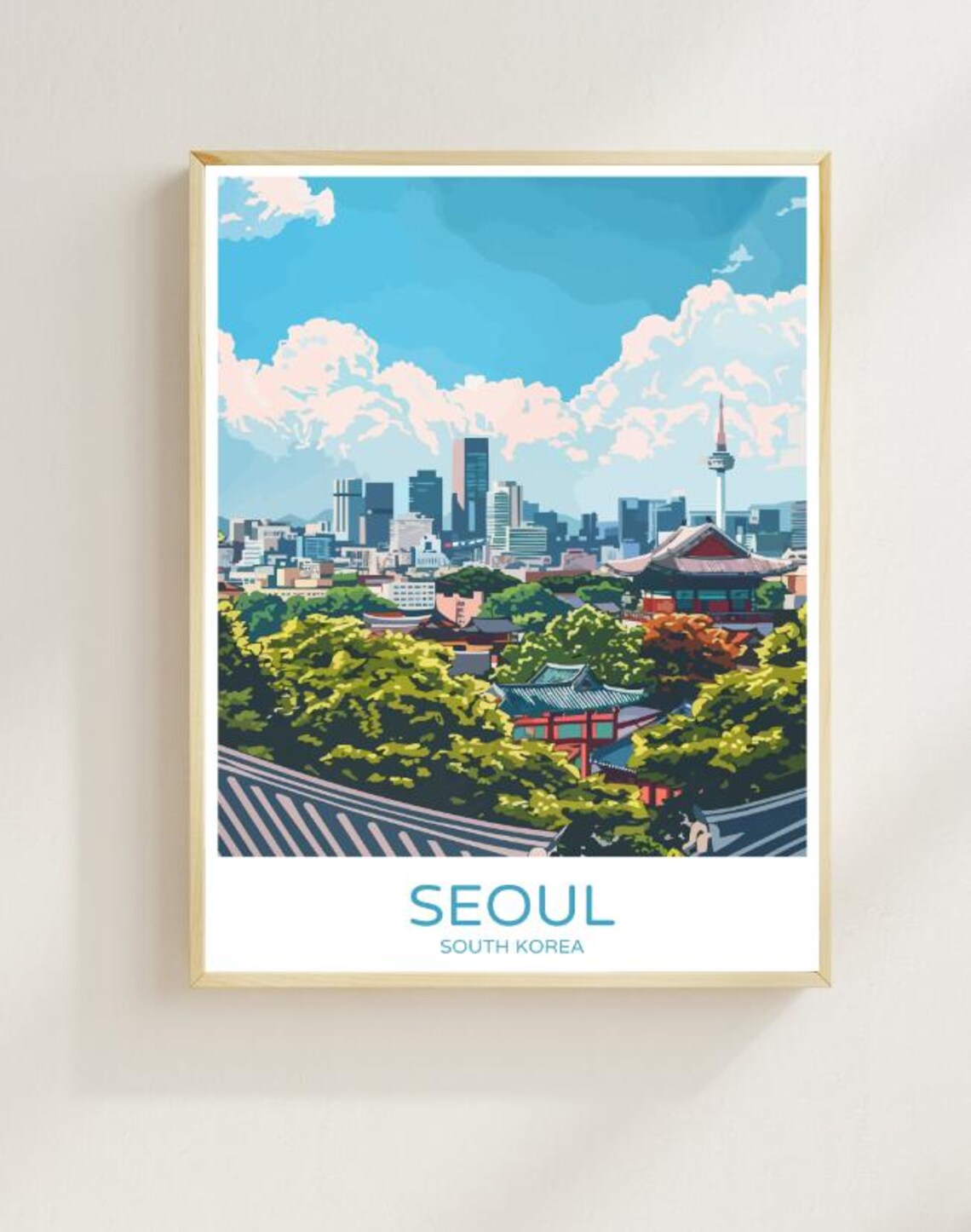 Seoul South Korea Modern Cityscape Skyline Vintage Travel Poster