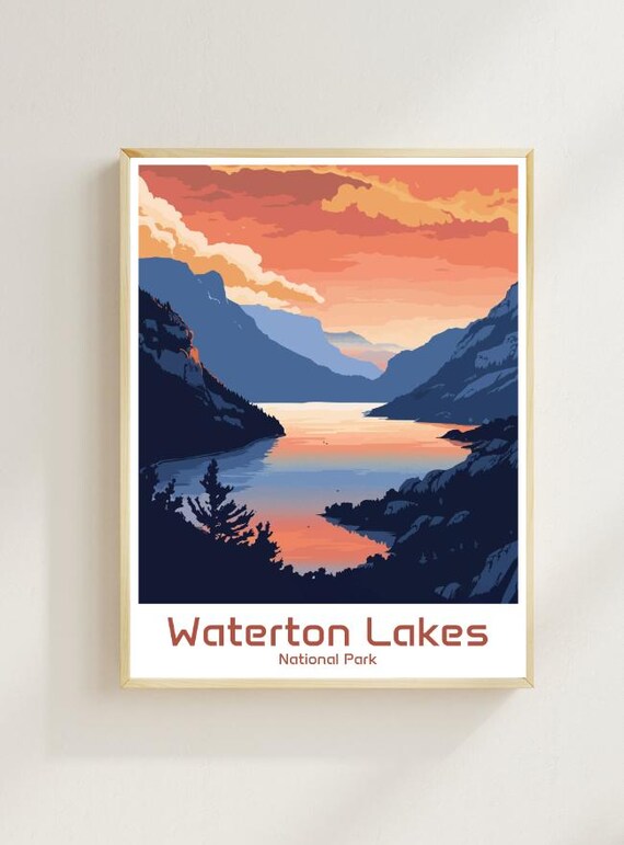 Waterton Lakes National Park Sunset Lake Mountain Art Poster