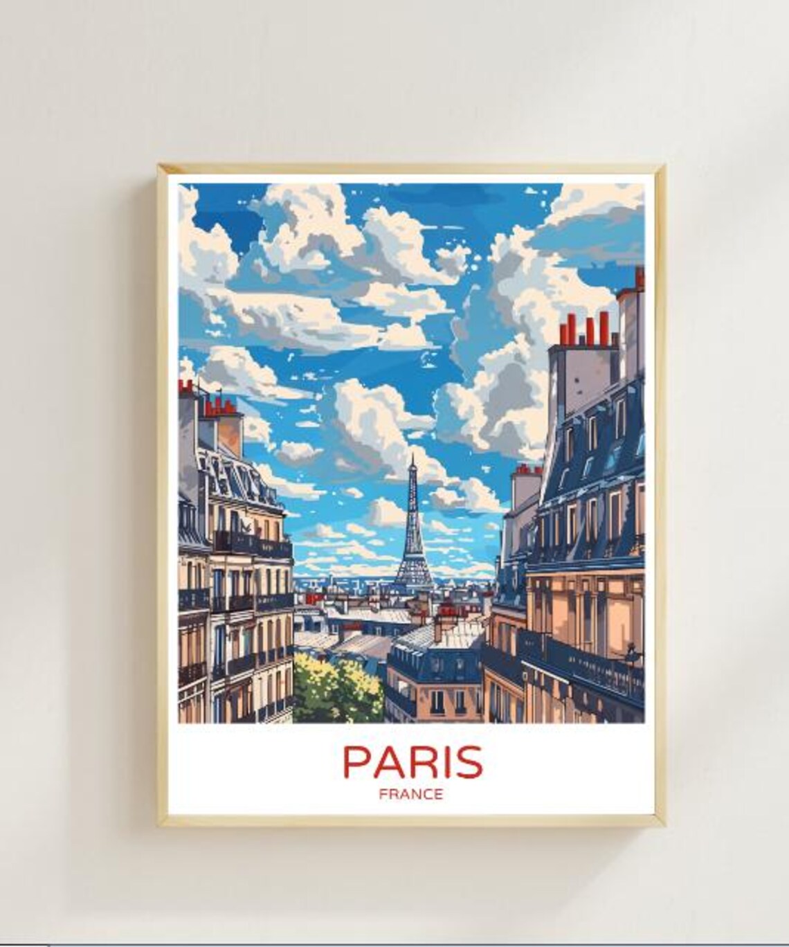 Paris France Eiffel Tower Parisian Rooftops Blue Sky Travel Poster