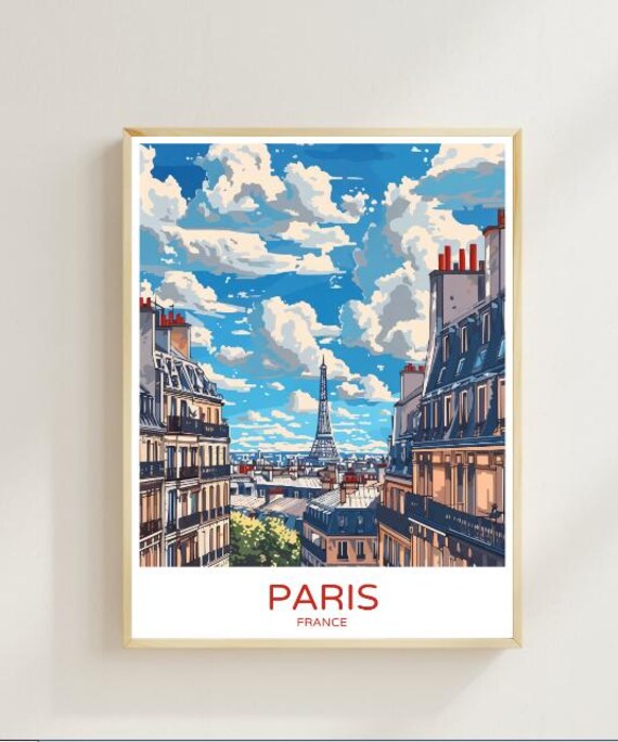 Paris France Eiffel Tower Parisian Rooftops Blue Sky Travel Poster