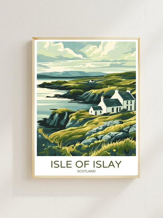 Isle Of Islay Scotland Rugged Coast Cottages Vintage Travel Poster