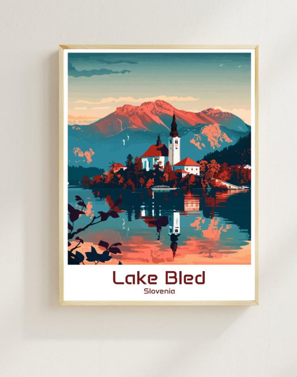 Lake Bled Slovenia Island Church Sunset Reflection Travel Poster