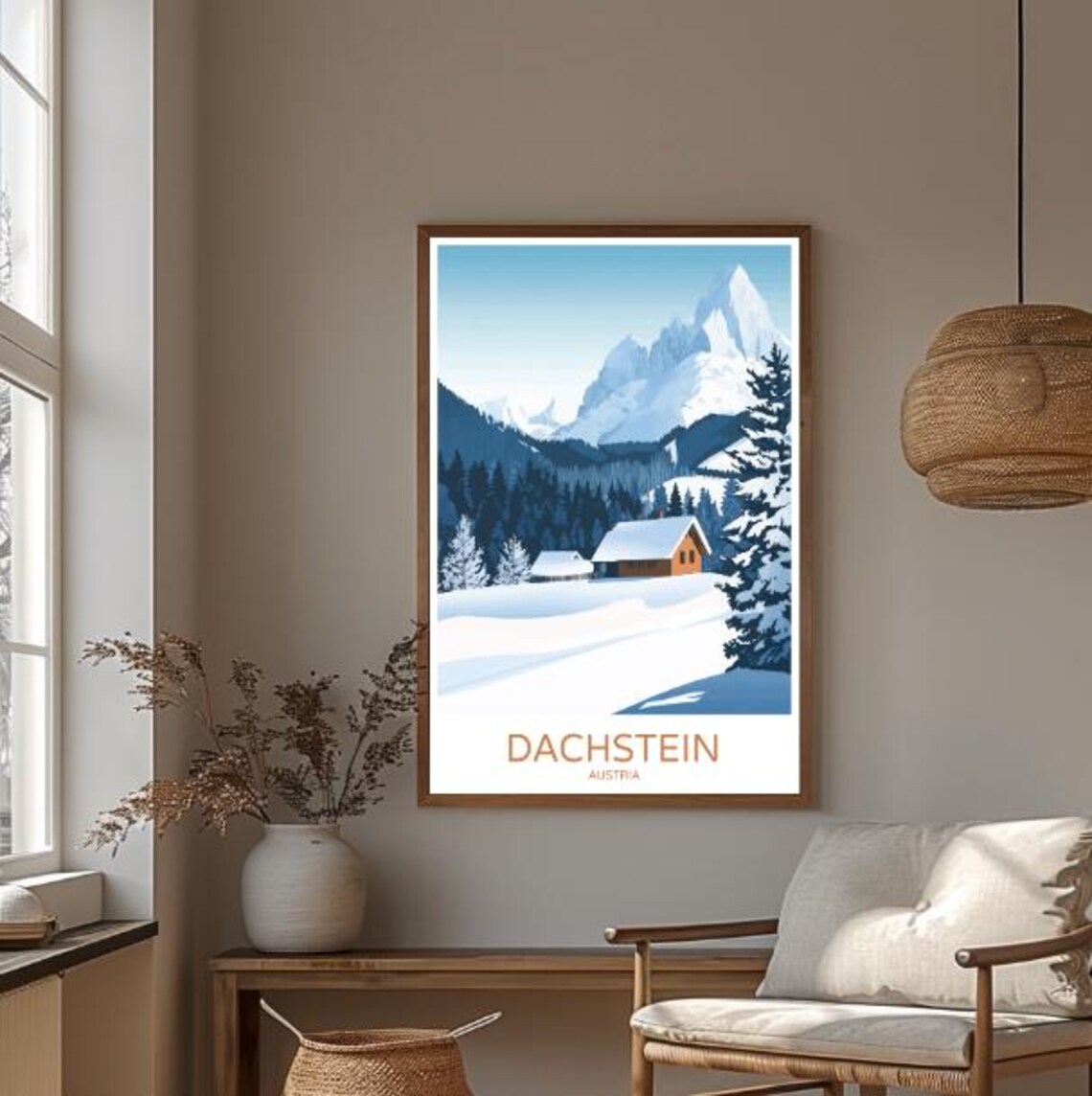 Dachstein Austria Travel Poster Snowy Mountain Cabin Winter Alps View - Image 3