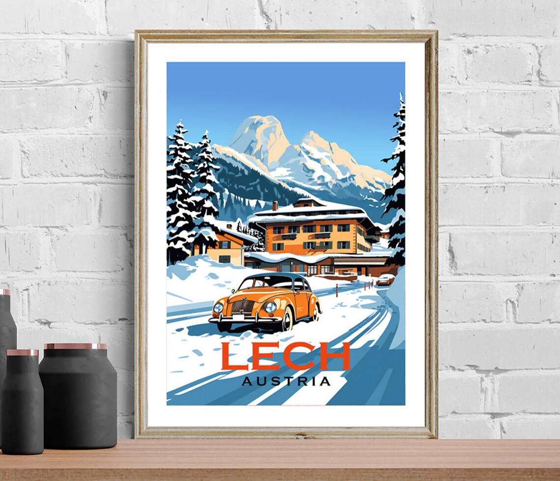 Lech Austria Vintage Car Snowy Alpine Road Winter Travel Poster - Image 2