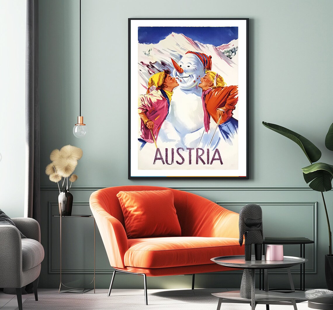 Austria Vintage Winter Sports Snowman Ski Travel Poster Scene