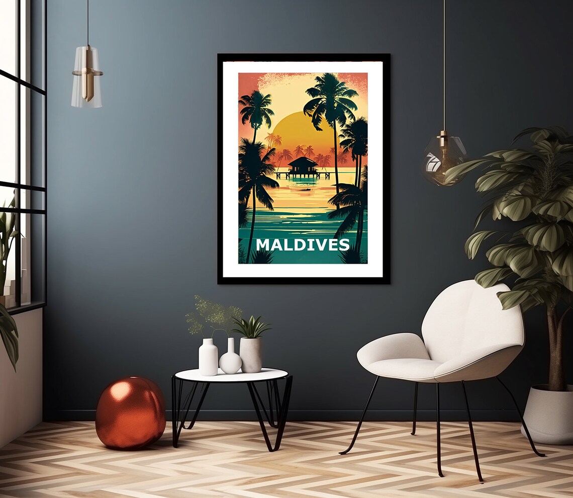 Maldives Beach Palm Trees and Bungalow Travel Poster - Image 3