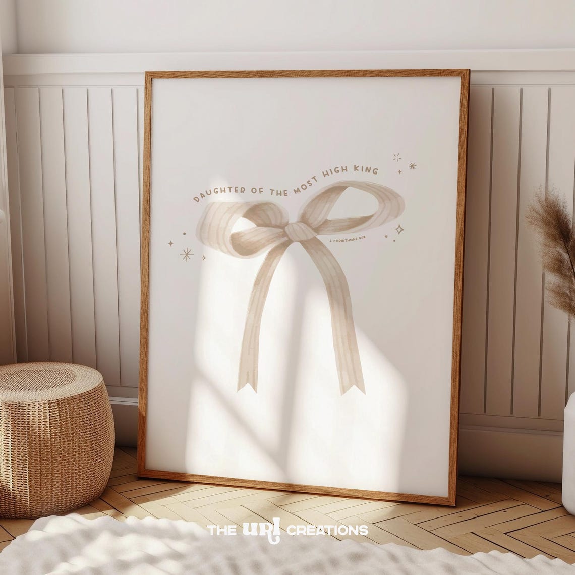 Christian Wall Art Beige Bow Print Daughter Of The King Bible Verse Poster Affirmation Coquette Scripture Home Room Decor Gift