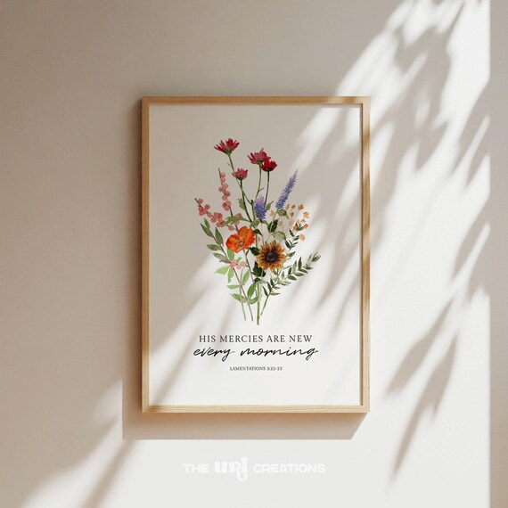 His Mercies Are New Every Morning Print Floral Christian Wall Art Lamentations 323 Bible Verse Poster Scripture Home Decor Gift