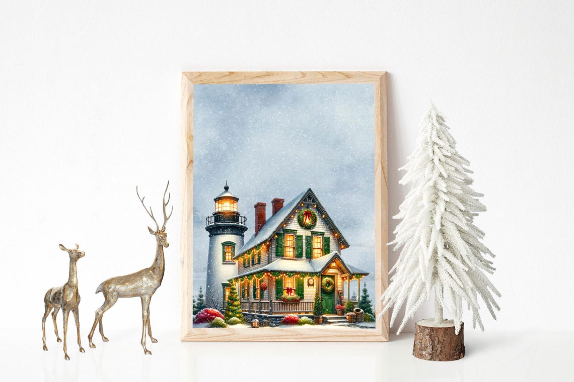 Winter Lighthouse Cottage Scene With Snow and Christmas Lights Poster - Image 3