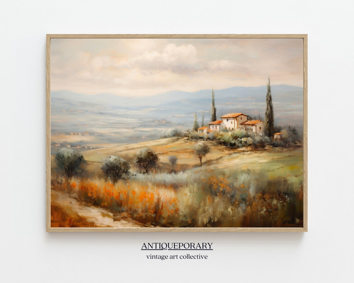 Vintage Italian Landscape Oil Painting Tuscany Landscape Print Antique Country Painting Rustic Art Print