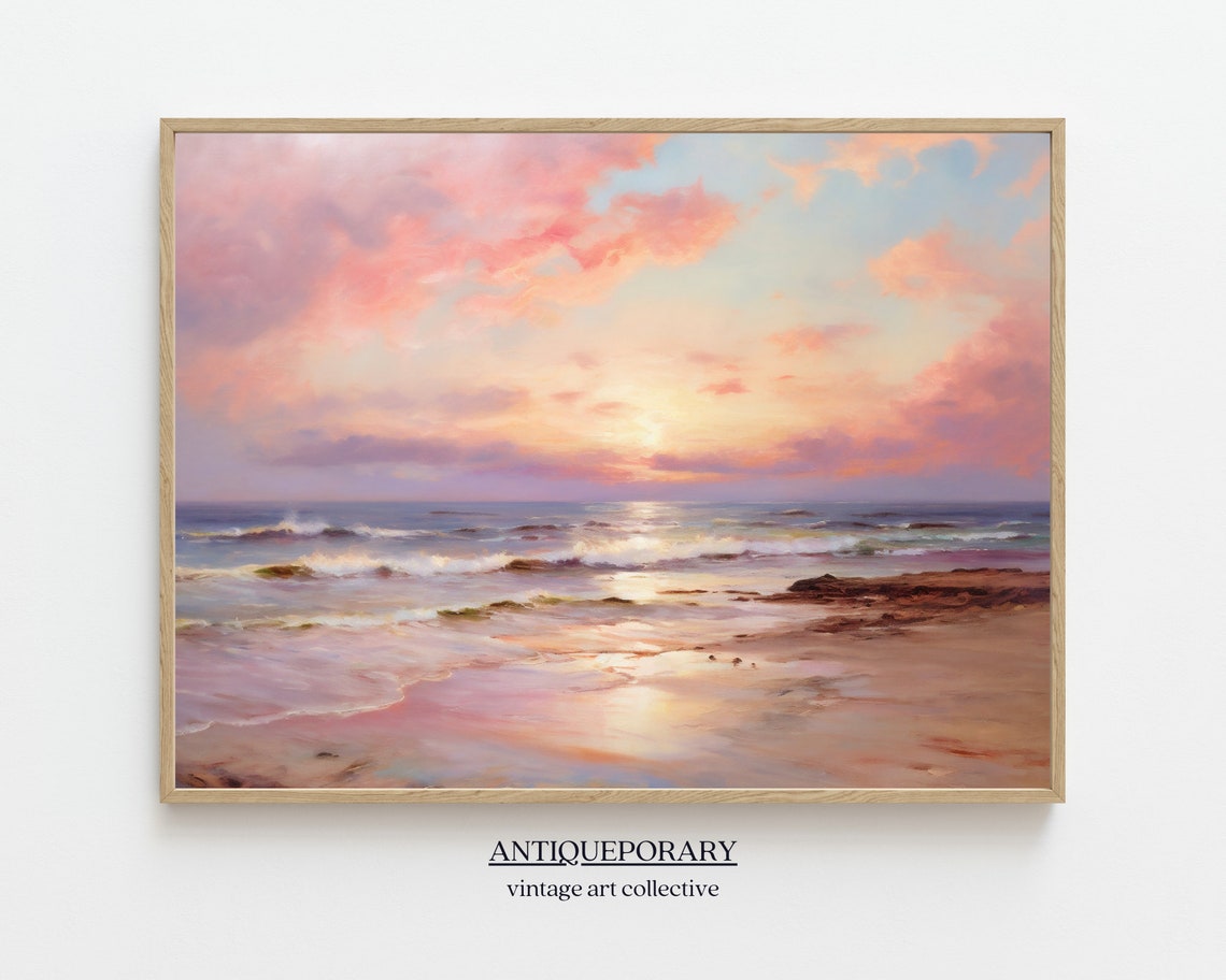 Pastel Sunset Over Ocean Waves Serene Coastal Seascape Painting Poster