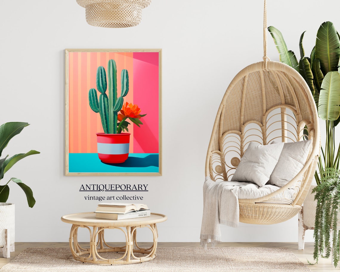 Tall Green Cactus Red Striped Pot Pink Pop Art Botanical Poster - Image 4