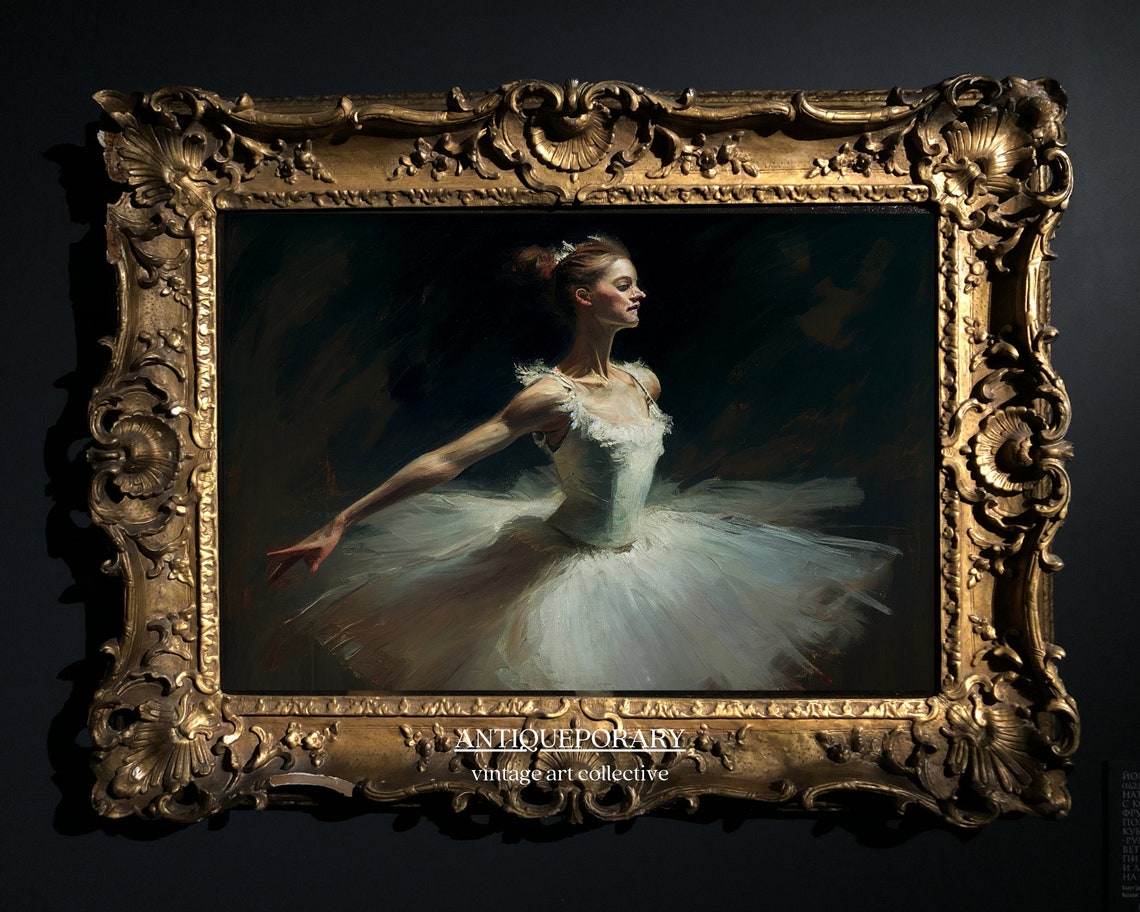 Graceful Ballerina in White Tutu Dancing on Dark Stage Poster - Image 4
