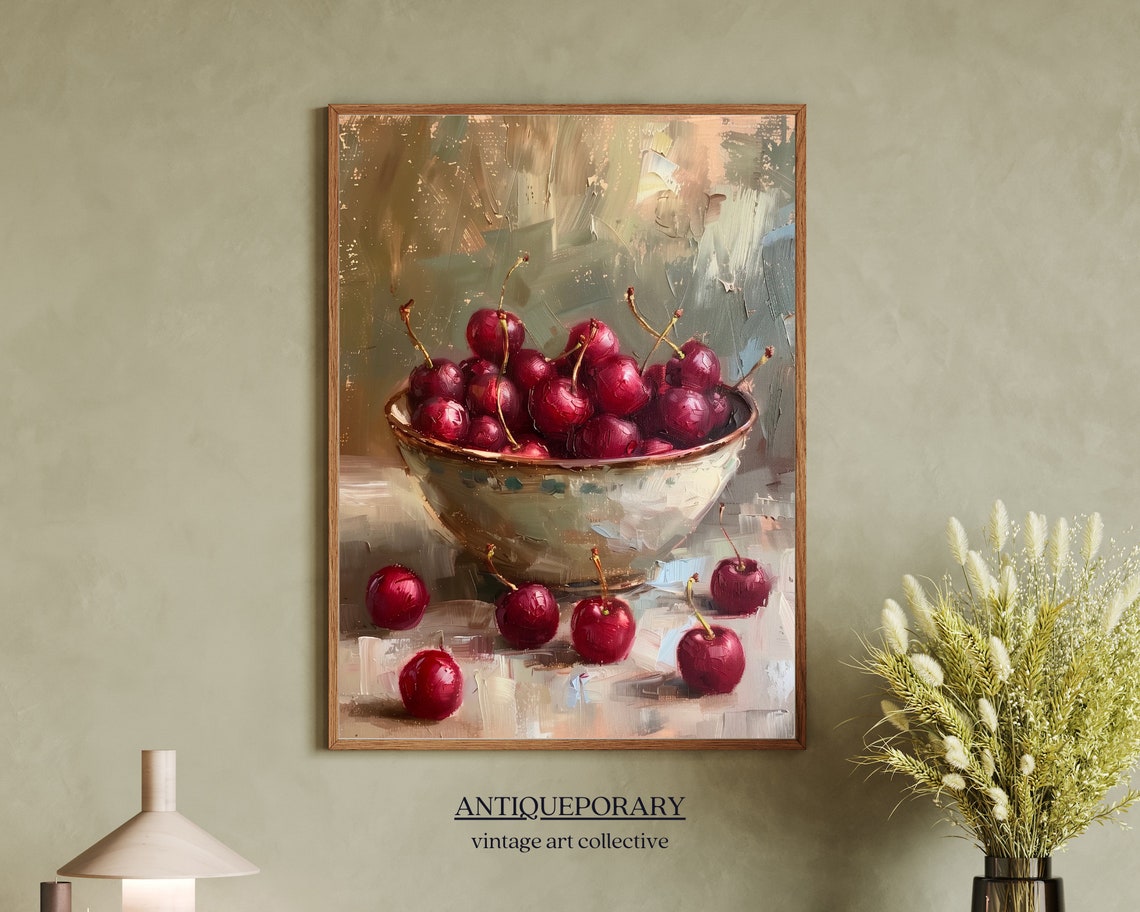 Country Rustic Red Cherry Bowl Still Life Oil Painting Poster - Image 7