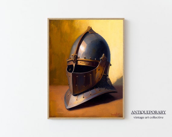 Antique Helmet Still Life Painting Vintage Wall Art Moody Wall Decor Still Life Artwork Rustic Helmet Art Helmets Antique Vintage