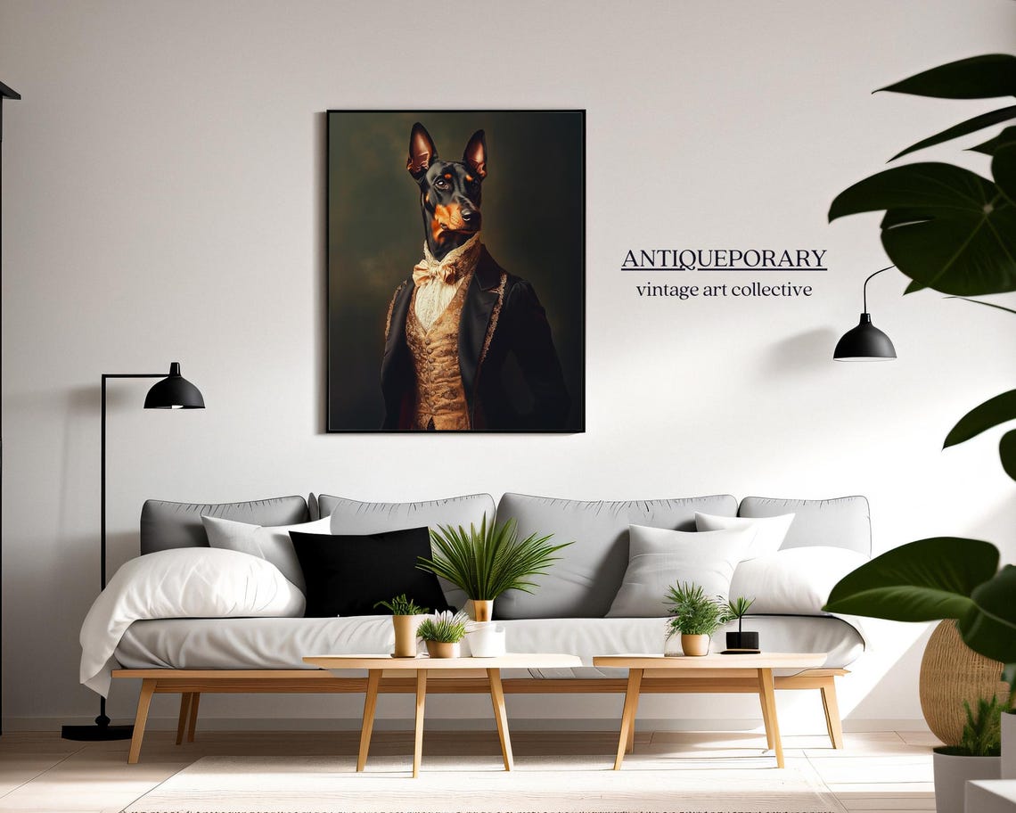 Elegant Doberman in Tailcoat and Gold Vest Victorian Portrait Print - Image 3