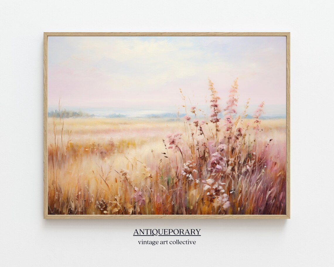 Wildflower Field Landscape Oil Painting Neutral Landscape Art Print Vintage Country Wall Art Antique Rustic Farmhouse Decor