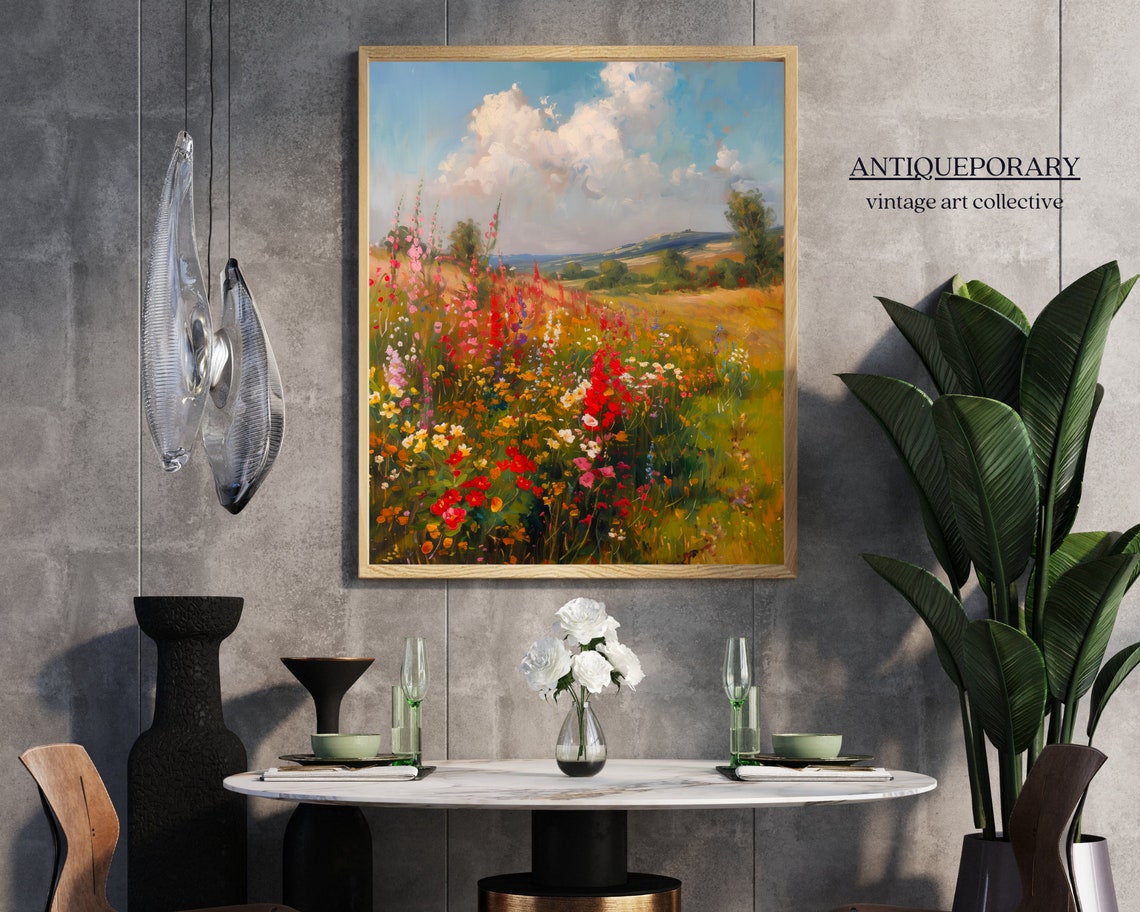 Colorful Wildflower Meadow Rolling Hills Cloudy Sky Painting Poster - Image 5